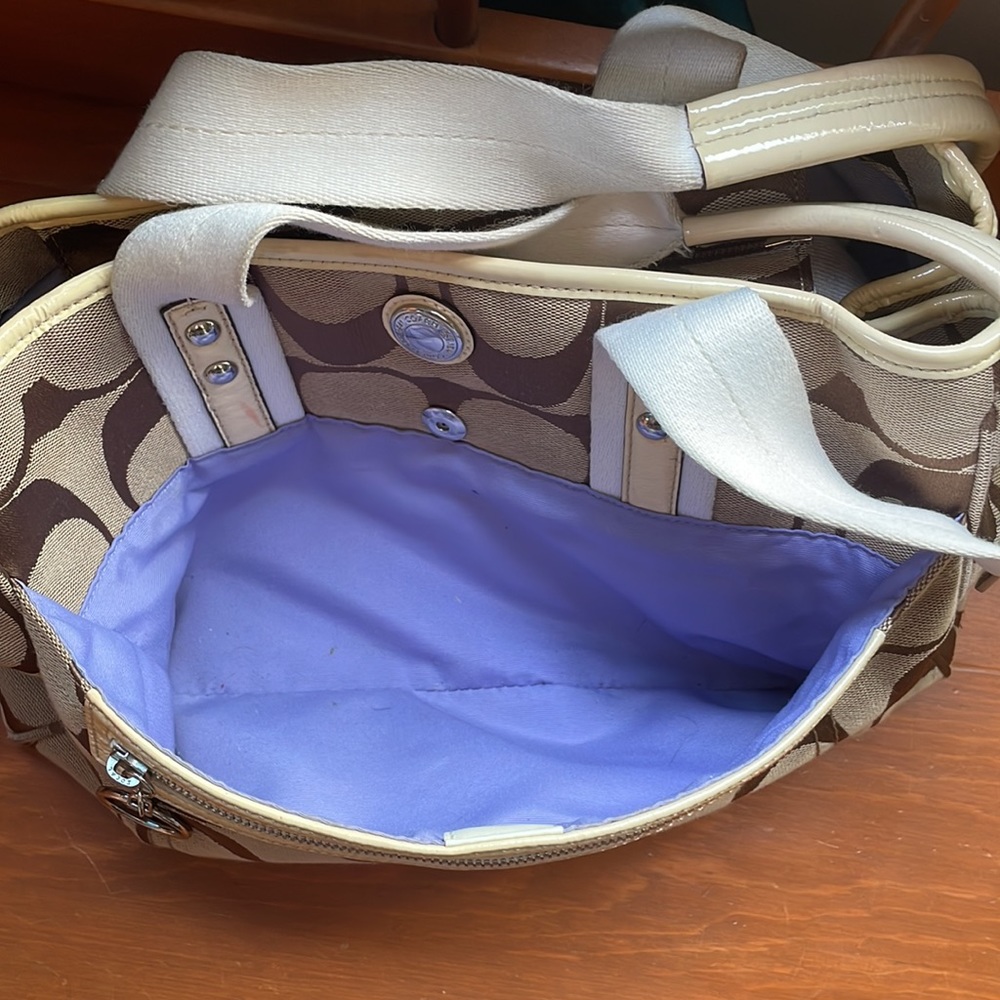 Taupe/tan Coach logo purse, violet lining, white straps - Picture 8 of 12